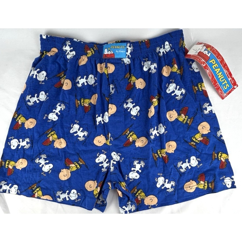 Vtg NWT Peanuts Snoopy Blue Boxer Shorts Mens L All Over Print Charlie Brown Y2K